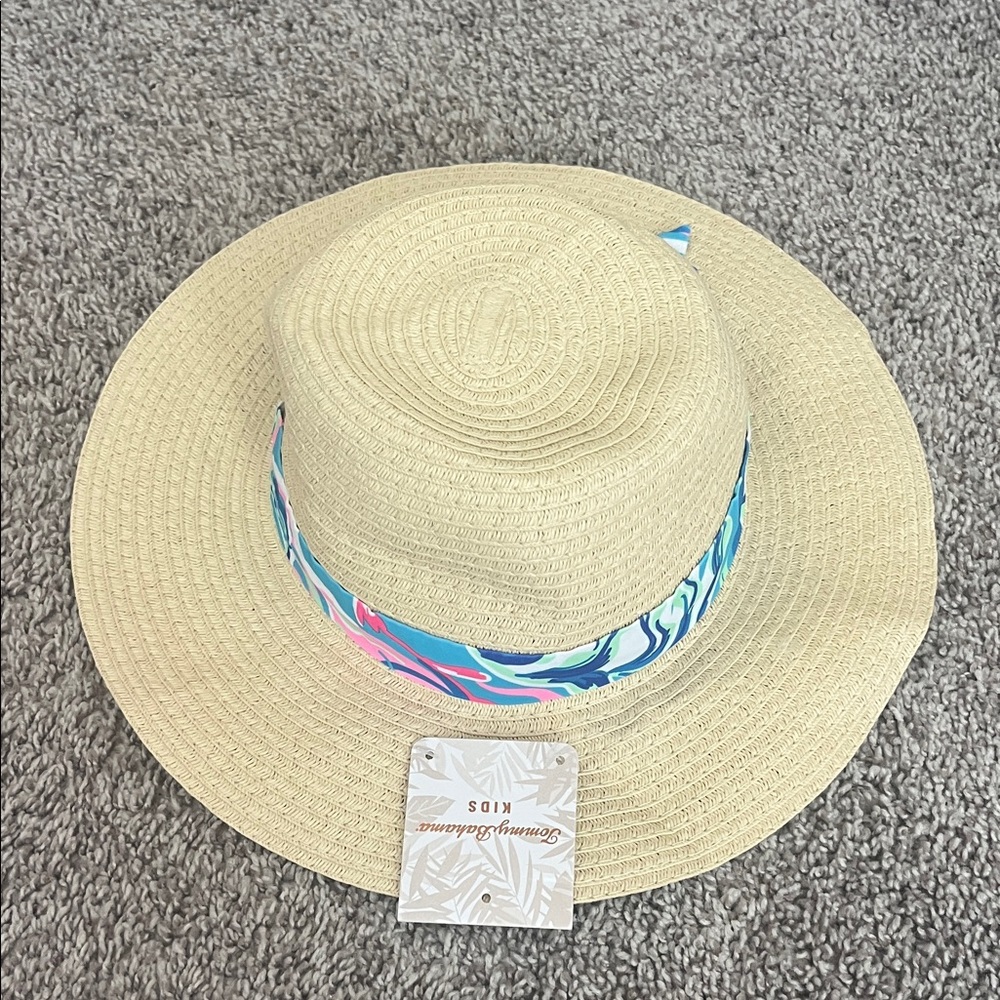 Tommy Bahama Tan Kids Hat with Blue and Pink Bow - Picture 2 of 3